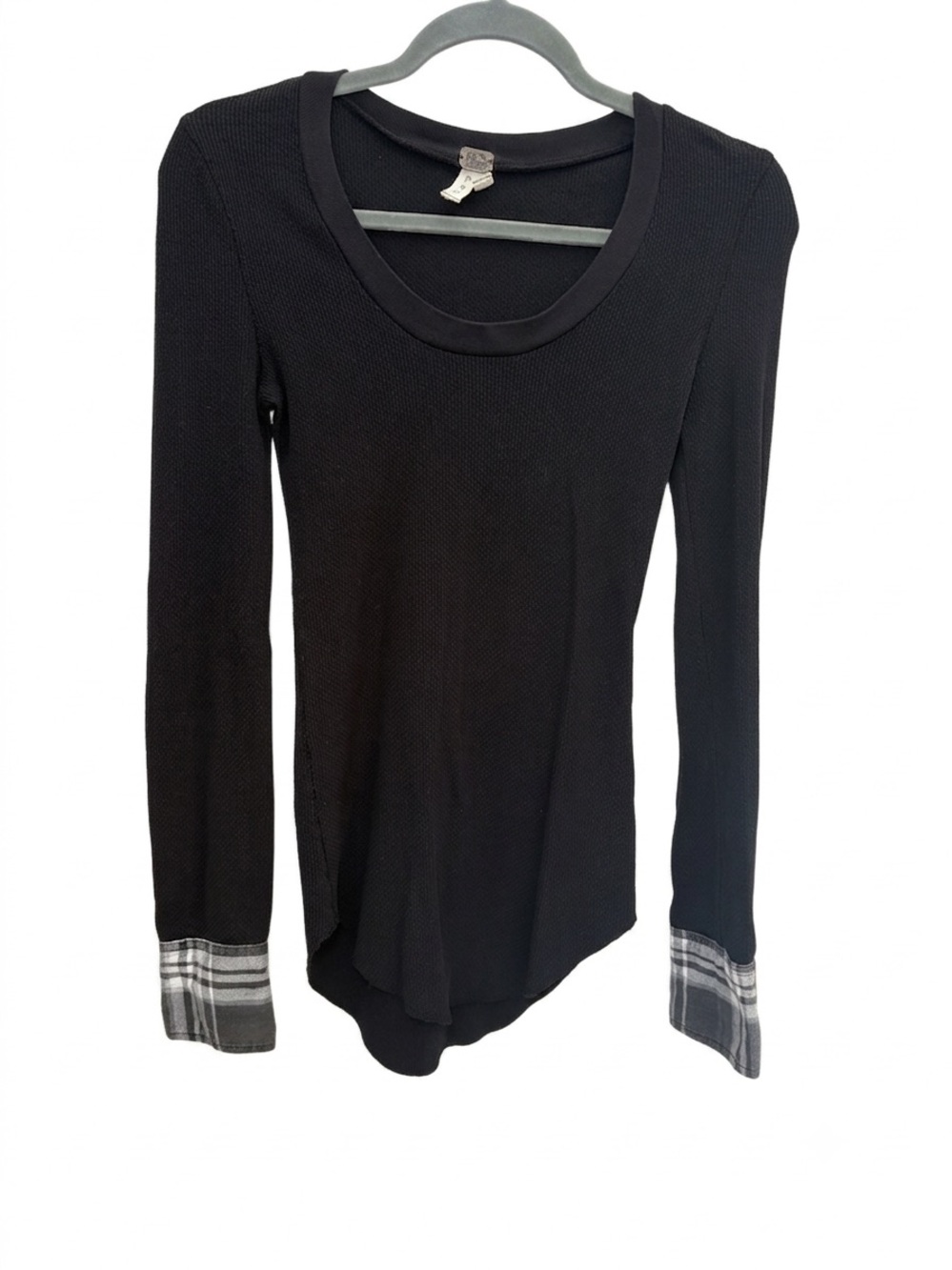 We The Free Black Waffle Knit Thermal Plaid Mixed Print Cuff Long Sleeve Top S